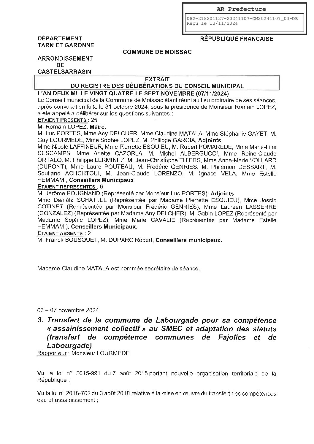 2024.11.03 TRANSFERT DE LA COMMUNE DE LABOURGADE POUR SA COMPETENCE ASSAINISSEMENT COLLECTIF AU SMEC