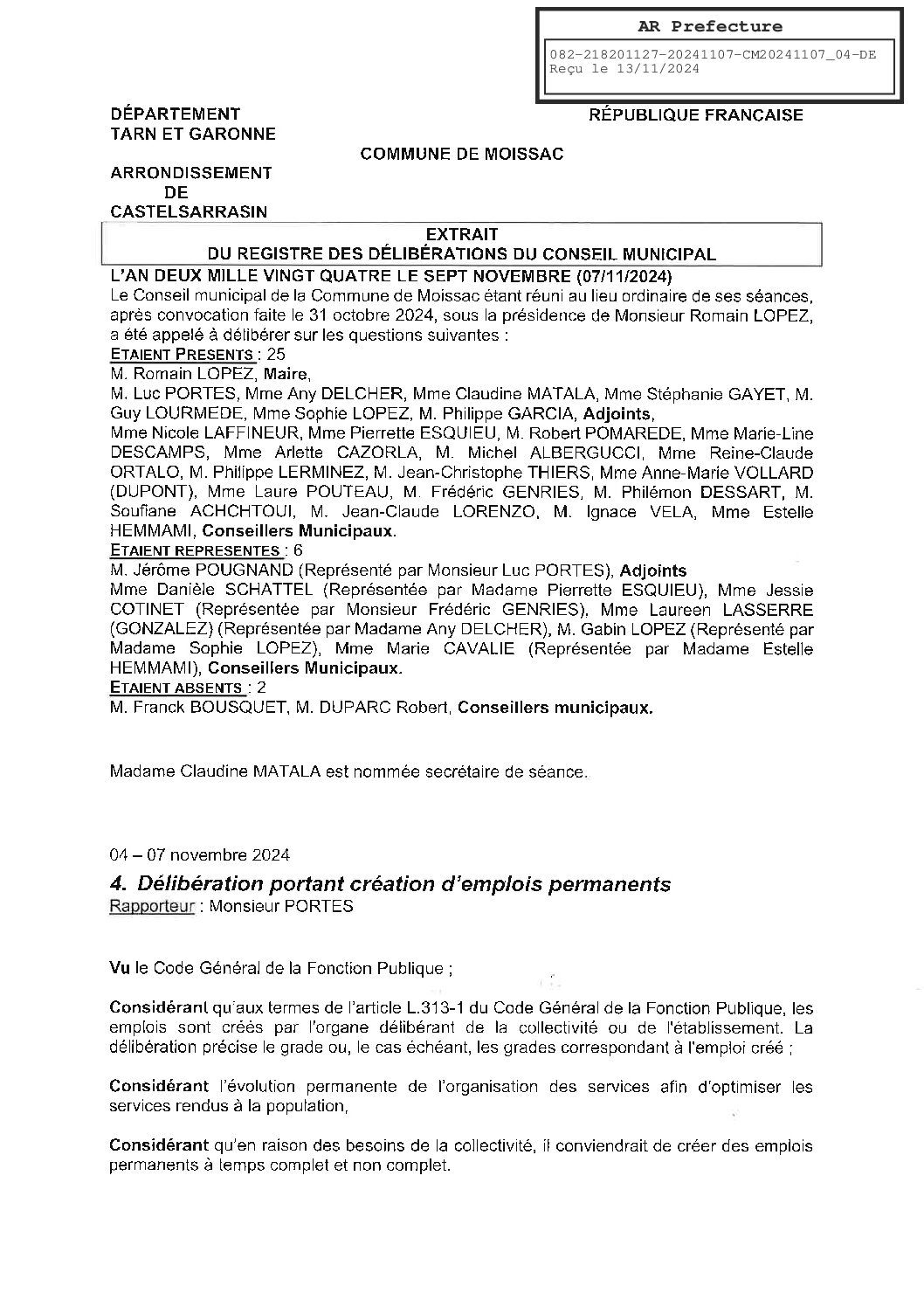 2024.11.04 DELIBERATION PORTANT CREATION D EMPLOIS PERMANENTS