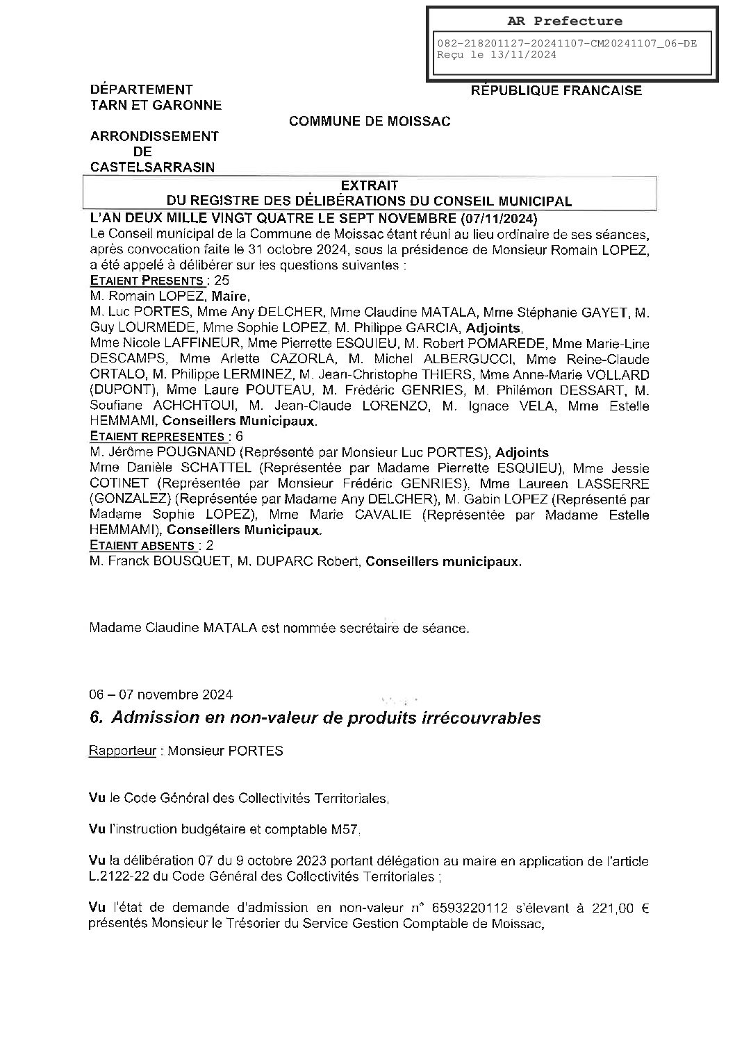 2024.11.06 ADMISSION EN NON VALEUR DE PRODUITS IRRECOUVRABLES