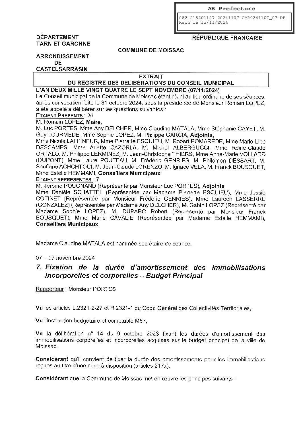 2024.11.07 FIXATION DUREE D AMORTIOSSEMENT DES IMMOBILISATIONS INCORPORELLES ET CORPORELLES BUDGET PRINCIPAL