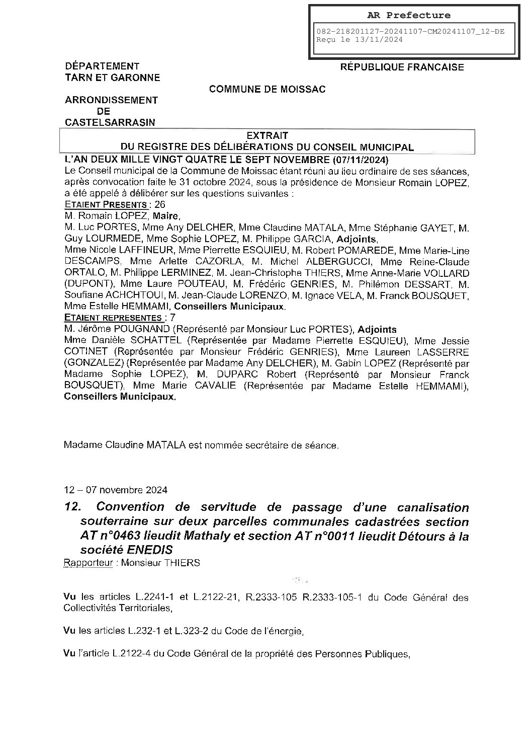 2024.11.12 CONVENTION SERVITUDE DE PASSAGE D UNE CANALISATION SOUTERRAINE