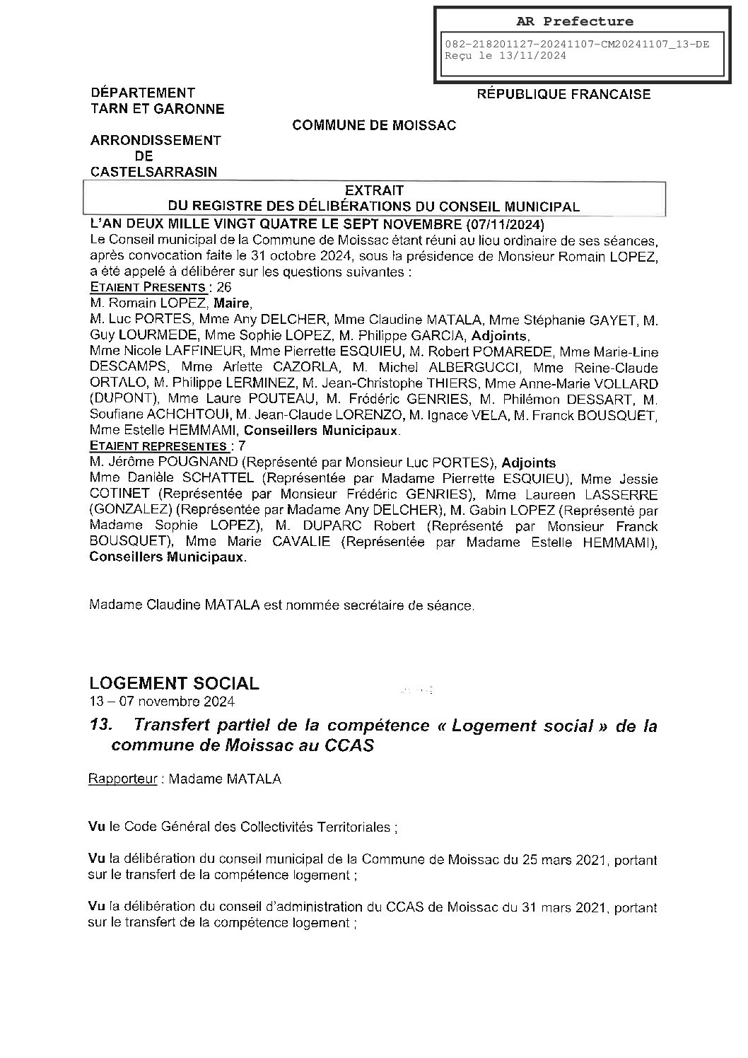2024.11.13 TRANSFERT PARTIEL DE LA COMPETENCE LOGEMENT SOCIAL DE LA COMMUNE DE MOISSAC AU CCAS