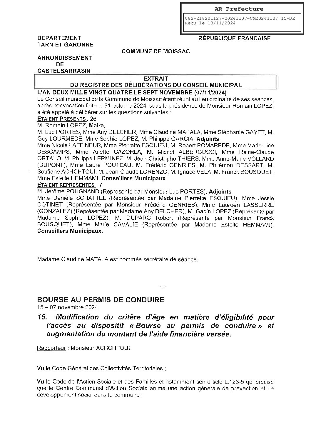 2024.11.15 MODIFICATION DU CRITERE D AGE POUR L ACCES AU DISPOSITIF BOURSE AU PERMIS