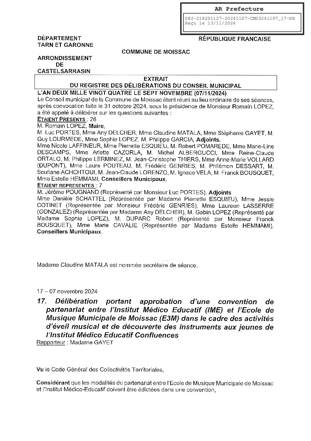 2024.11.17 DELIBERATION PORTANT APPROBATION D UNE CONVENTION IME E3M