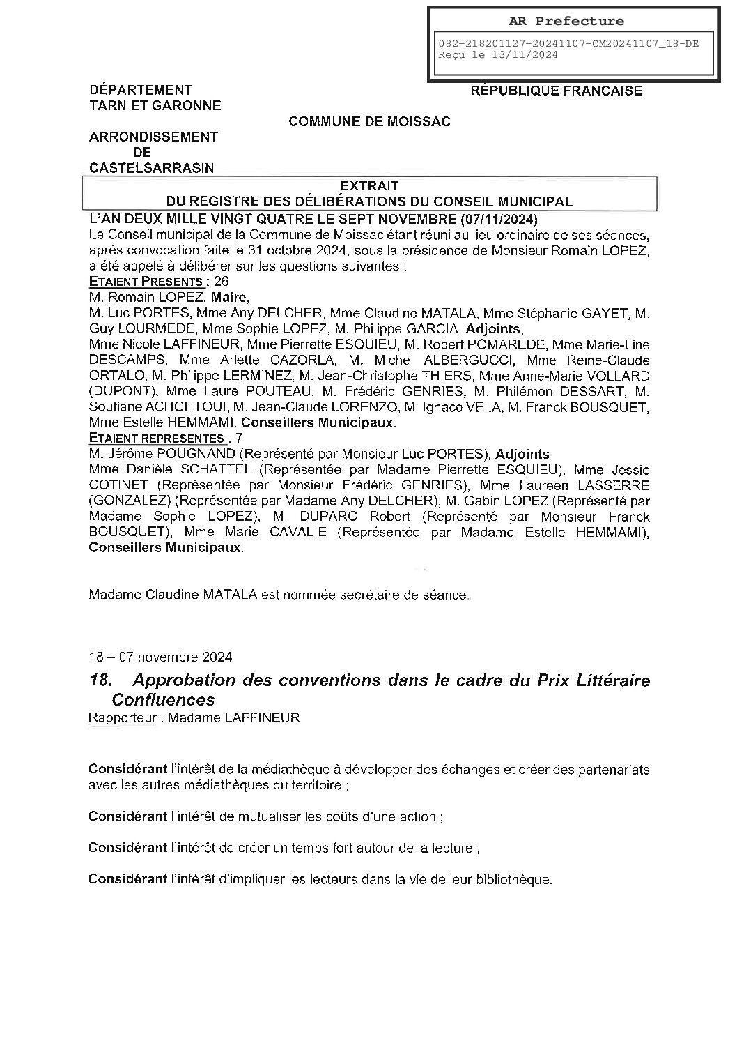 2024.11.18 APPROBATION DES CONVENTIONS DANS LE CADRE DU PRIX LITTERAIRE CONFLUENCES