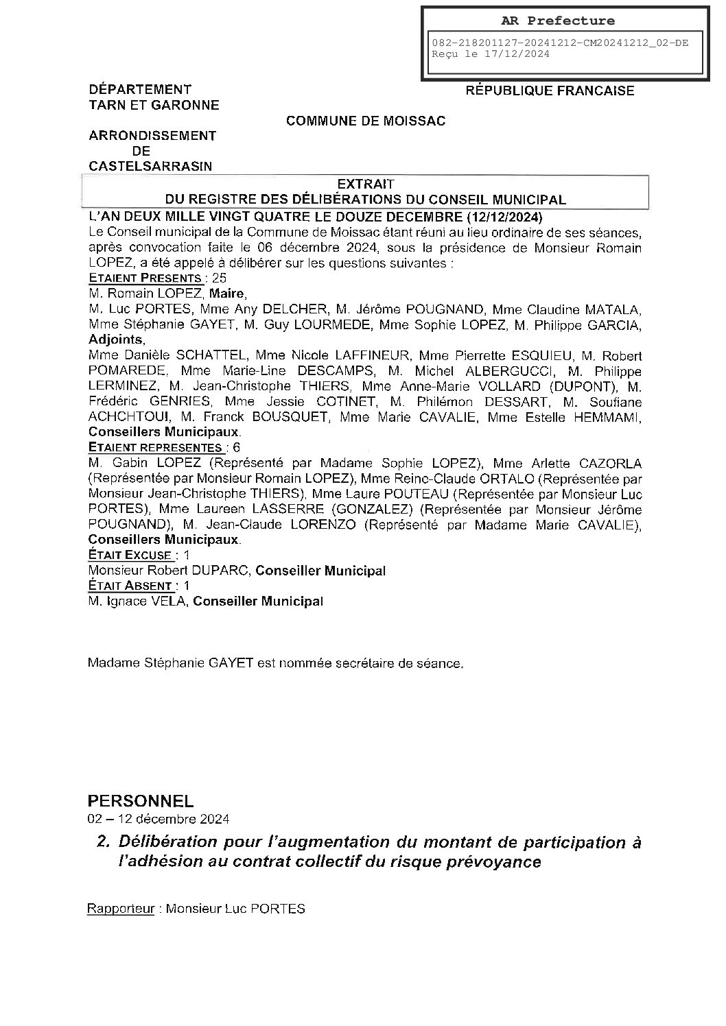 2024.12.02 DELIBERATION POUR L’AUGMENTATION DU MONTANT A L ADHESION AU CONTRAT RISQUE PREVOYANCE