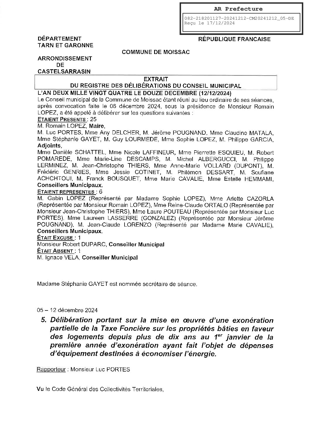 2024.12.05 DELIBERATION PORTANT SUR LA MISE DE L OEUVRE DUNE EXONERATION PARTIELLE DE LA TAXE FONCIERE