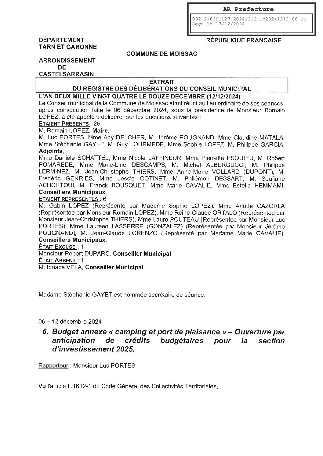 2024.12.06 BUDGET ANNEXE CAMPING ET PORT DE PLAISANCE OUVERTURE DE CREDITS