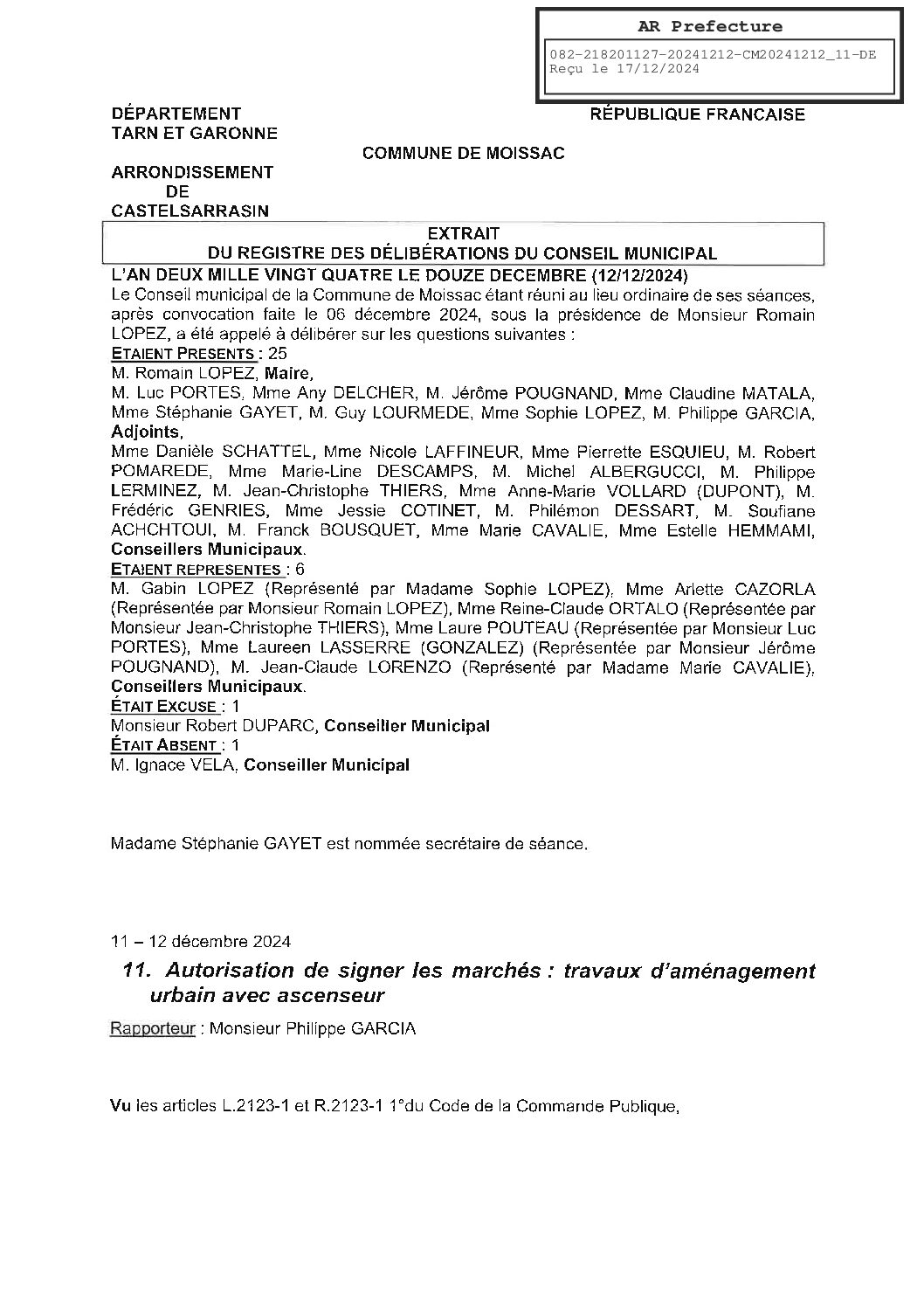 2024.12.11 AUTORISATION SIGNER LES MARCHES TRAVAUX AMENAGEMENT URBAIN AVEC ASCENSEUR