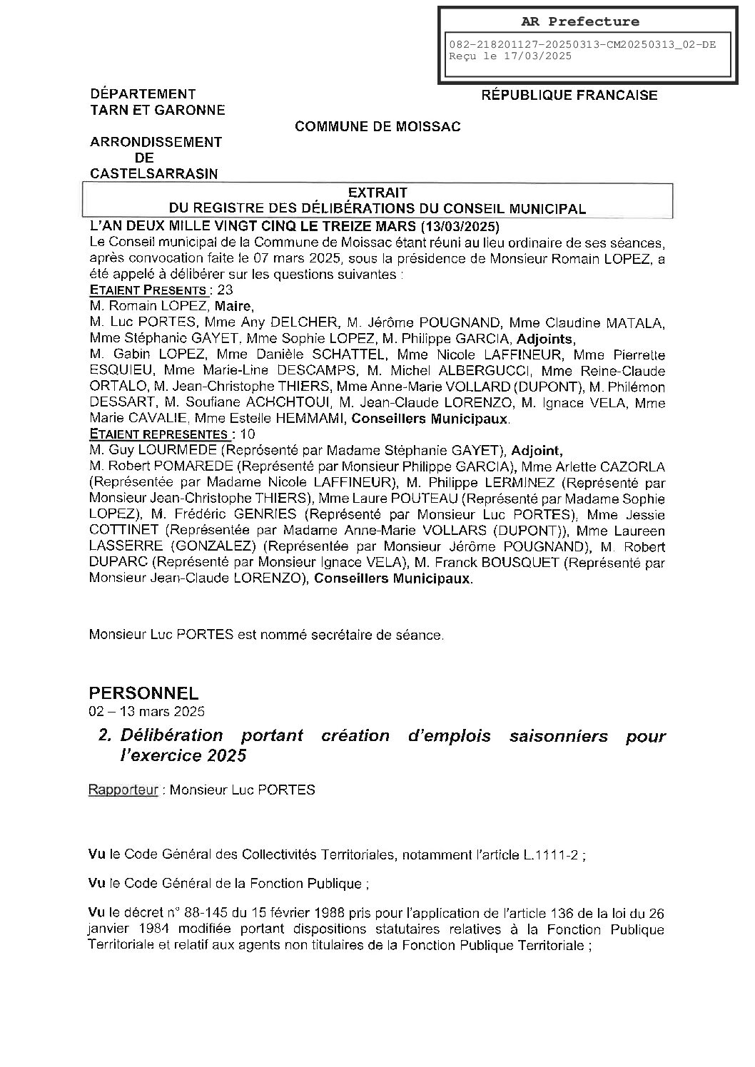 20250313 02 DELIBERATION PORTANT CREATION D’EMPLOIS SAISONNIERS POUR 2025