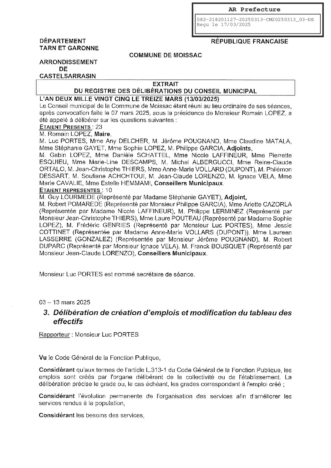 20250313 03 DELIBERATION DE CREATION D’EMPLOIS ET MODIFICATION DU TABLEAU DES EFFECTIFS