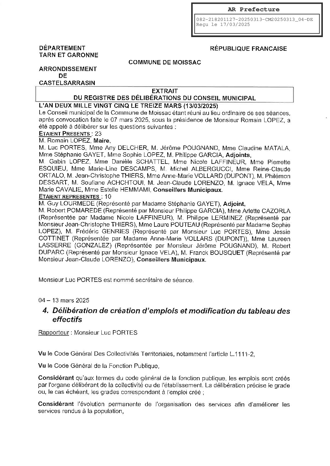 20250313 04 DELIBERATION DE CREATION D’EMPLOIS ET MODIFICATION DU TABLEAU DES EFFECTIFS