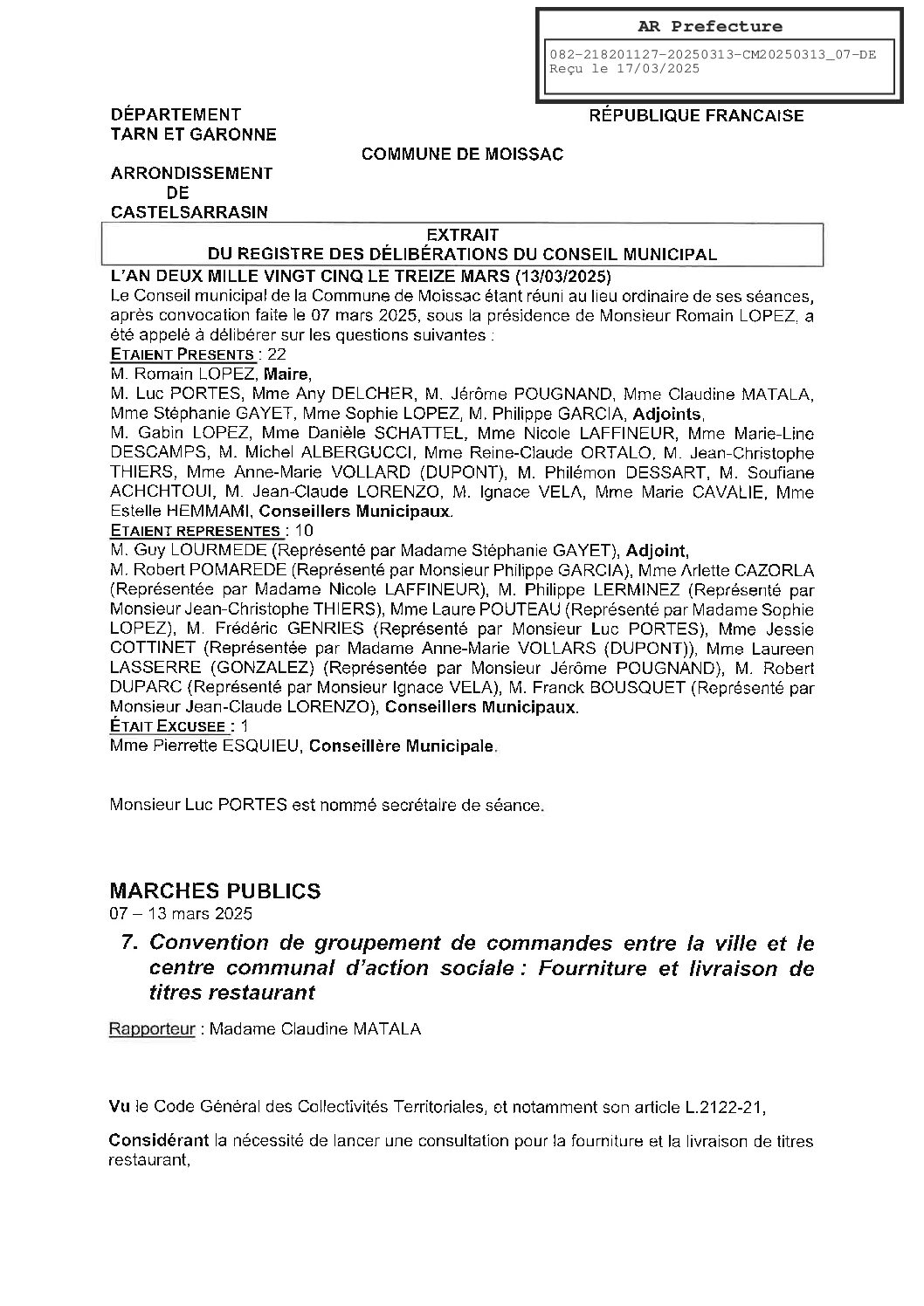 20250313 07 CONVENTION DE GROUPEMENT DE COMMANDES ENTRE LA VILLE ET LE CCAS FOURNITURE ET LIVRAISON TITRES RESTAURANT