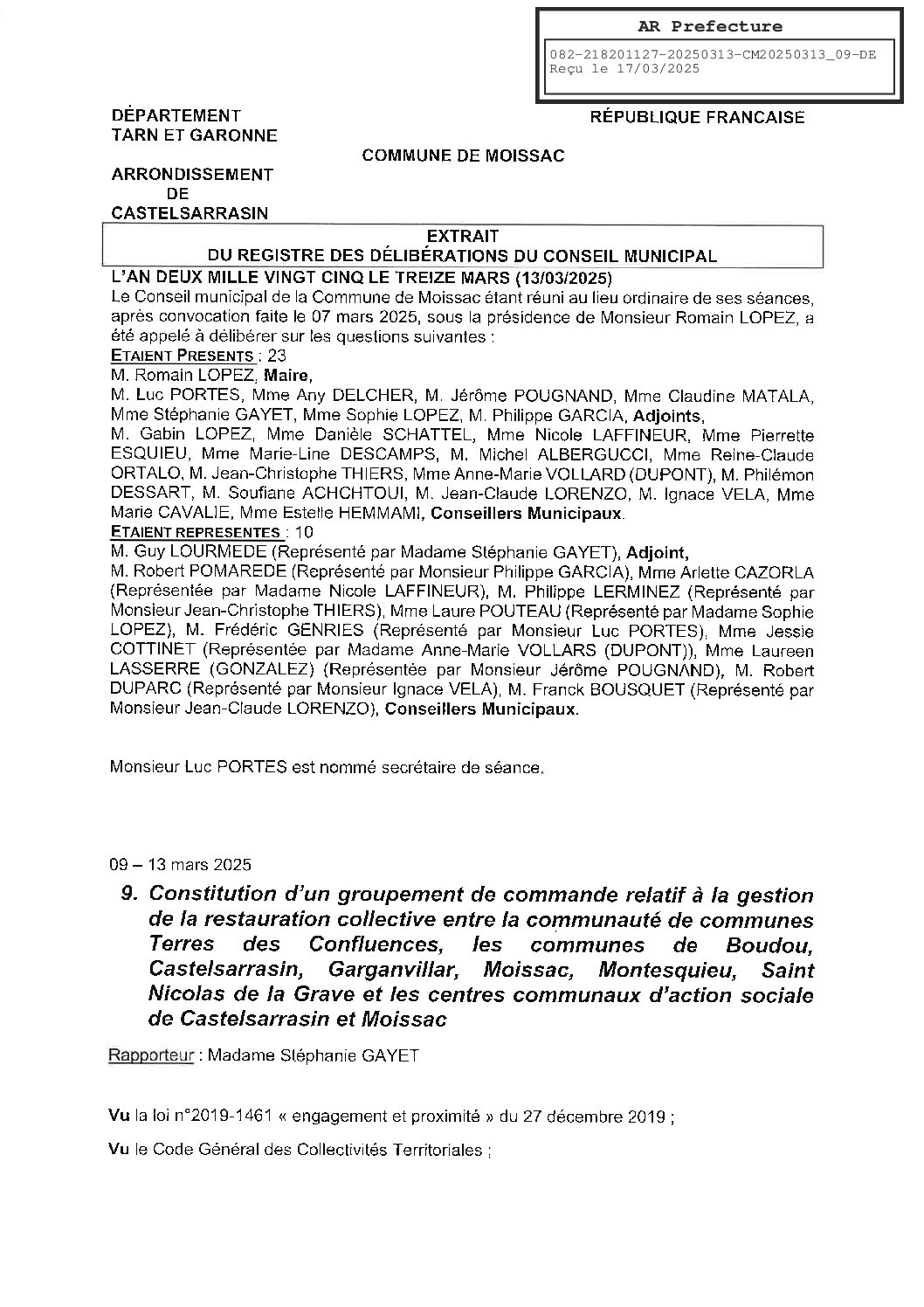20250313 09 CONSTITUTION D UN GROUPEMENT DE COMMANDE POUR LA GESTION DE LA RESTAURATION COLLECTIVE