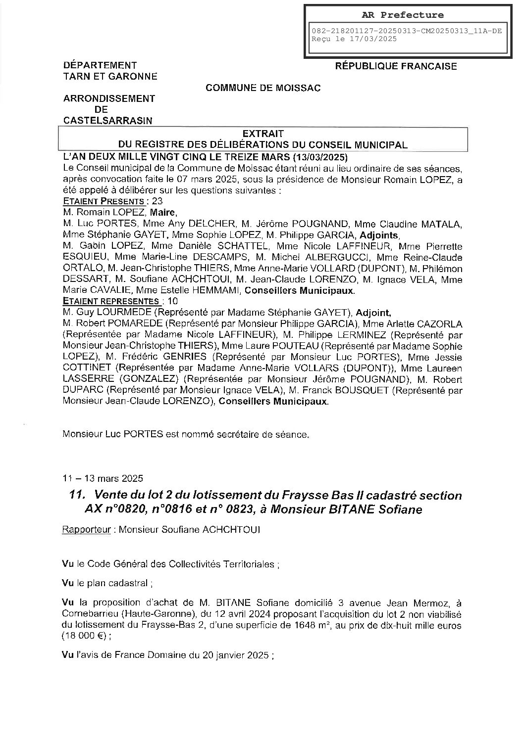 20250313 11 CESSION DU LOT 2 DU LOTISSEMENT FRAYSSE BAS