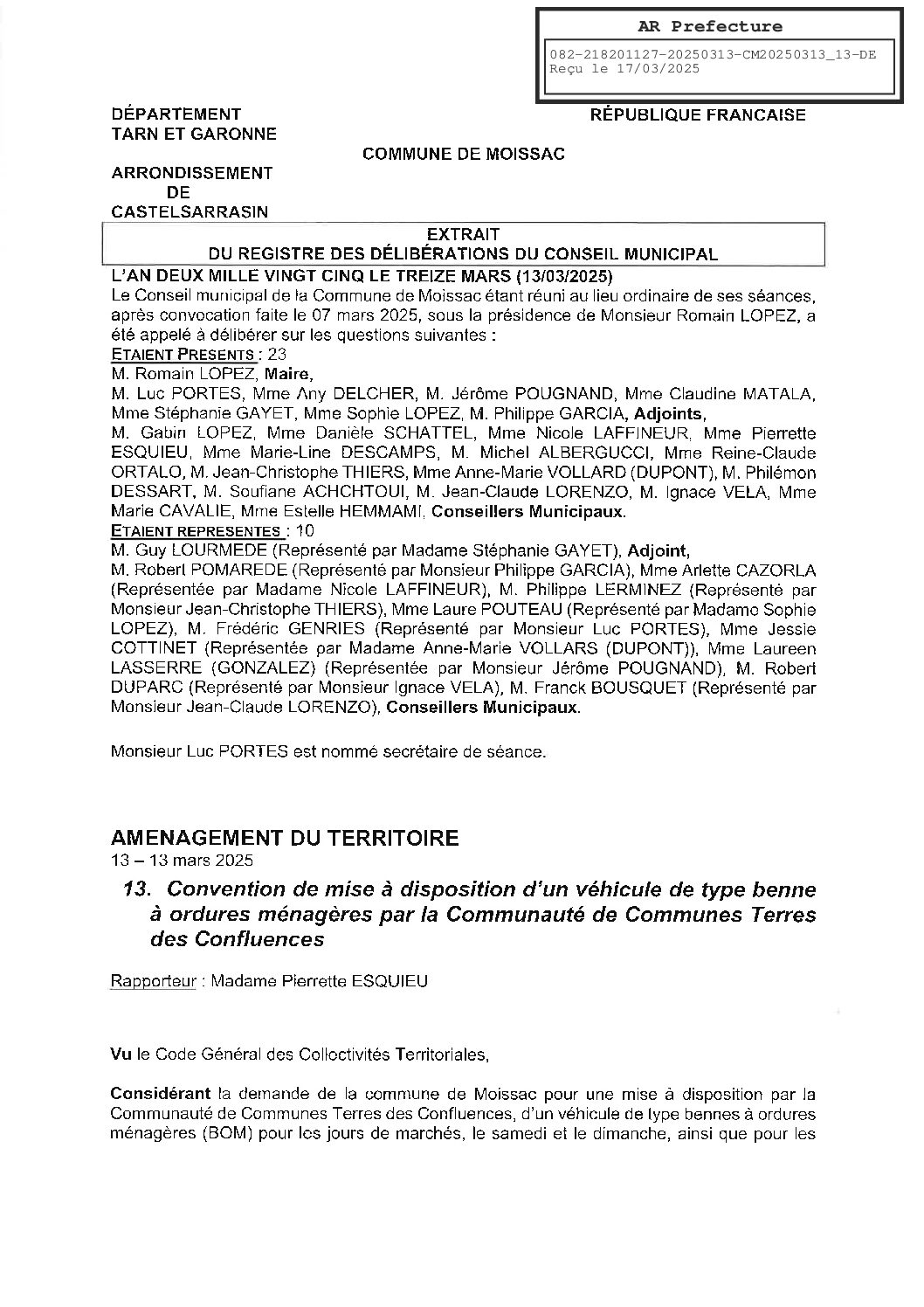 20250313 13 CONVENTION DE MISE A DISPOSITION D’UN VEHICULE DE TYPE BENNE A ORDURES MENAGERES