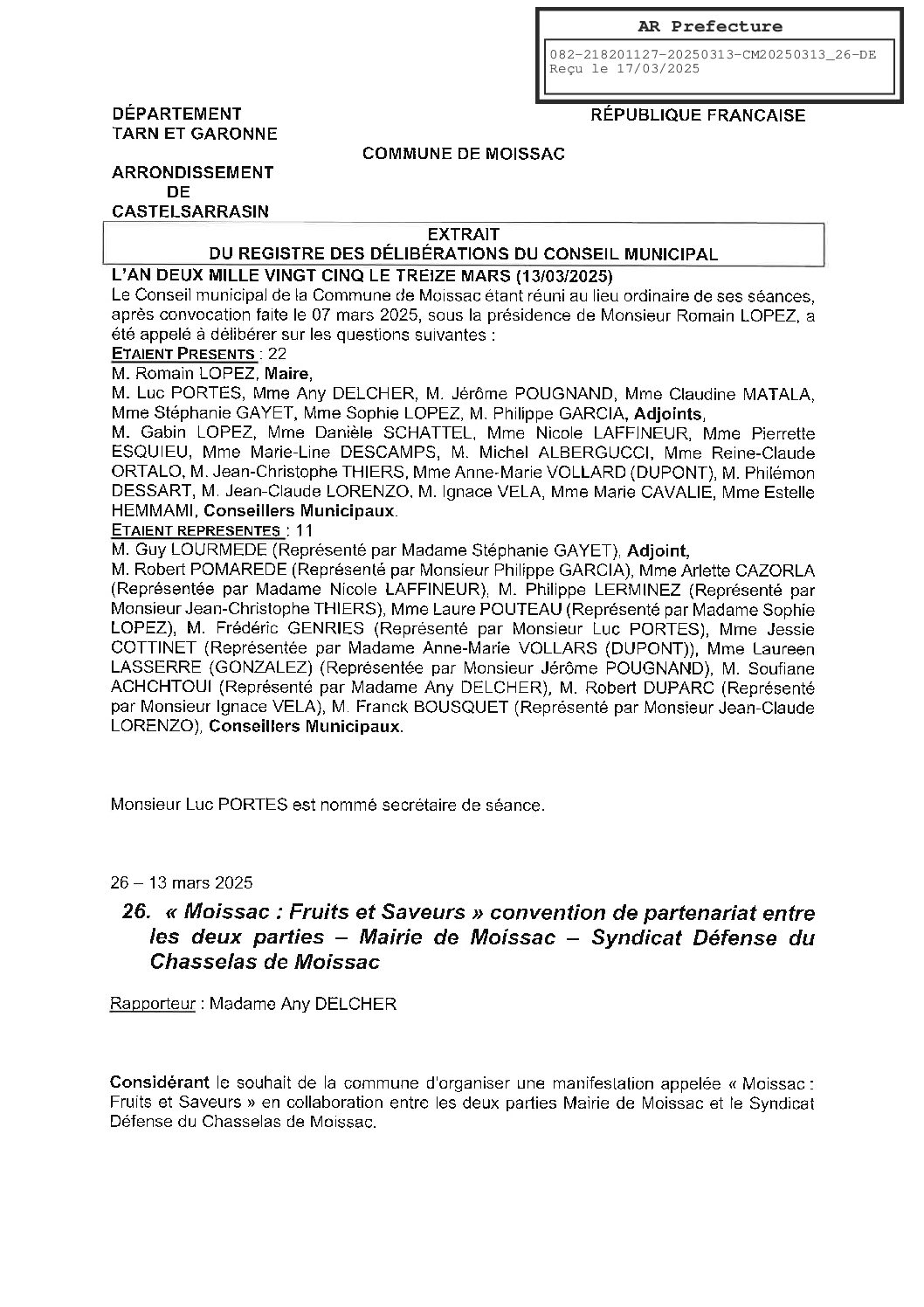 20250313 26 CONVENTION DE PARTENARIAT AVEC LE SYNDICAT DE DEFENSE DU CHASSELAS MOISSAC FRUITS ET SAVEURS 2025