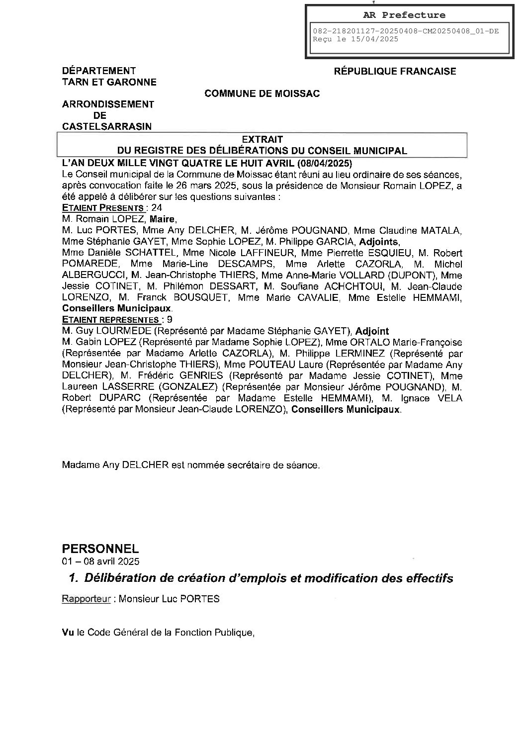 01 DELIBERATION DE CREATION D’EMPLOIS ET MODIFICATION DES EFFECTIFS