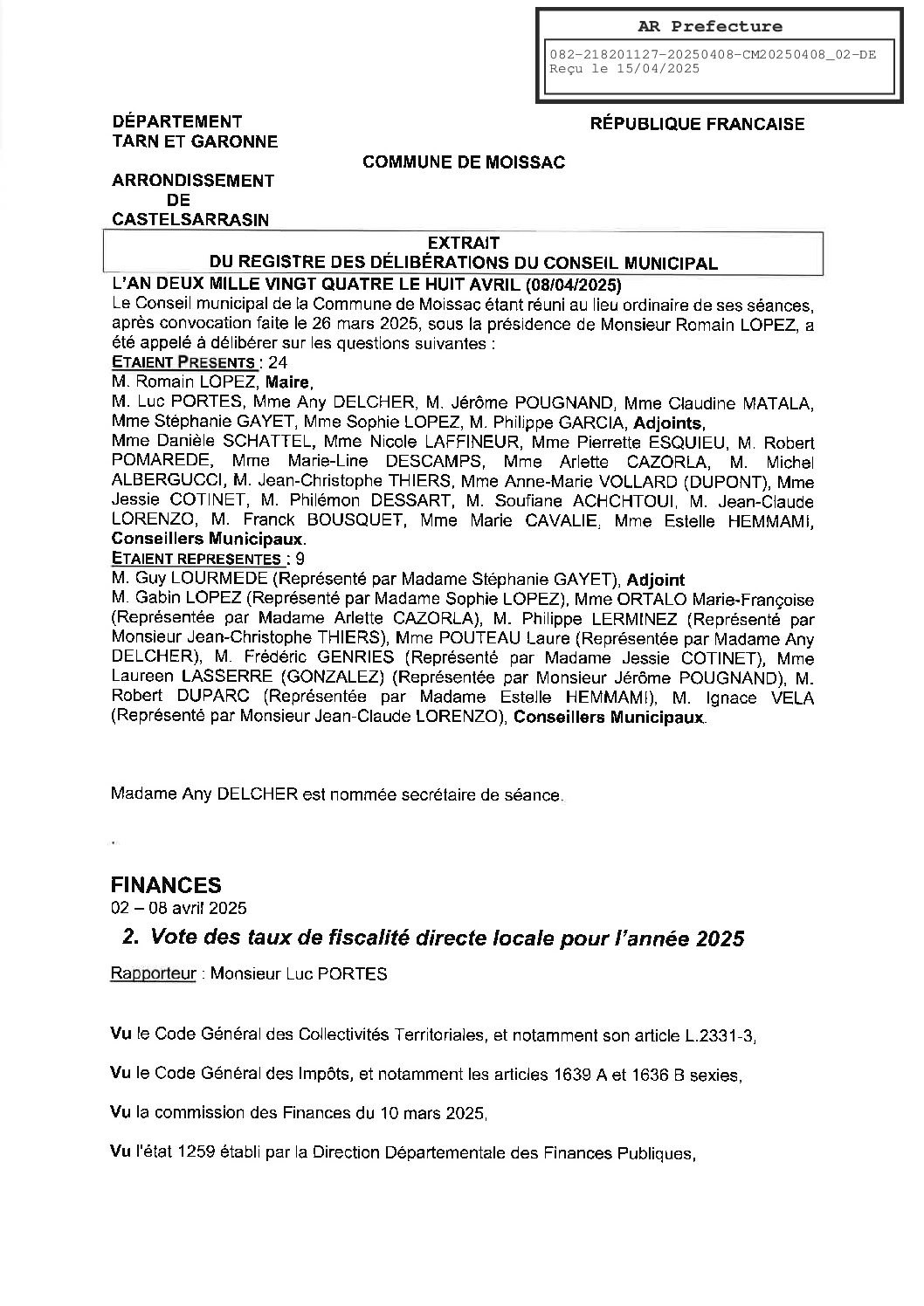 02 DELIBERATION SUR LE VOTE DES TAUX DE FISCALITE DIRECTE LOCALE POUR 2025