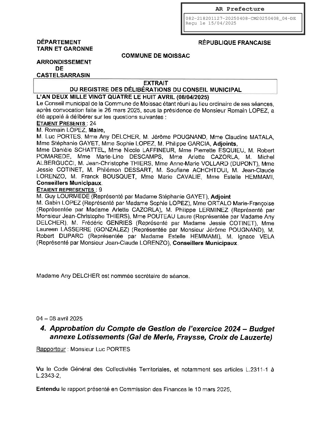 04 APPROBATION DU COMPTE DE GESTION DE L EXERCICE 2024 BUDGET ANNEXE LOTISSEMENTS