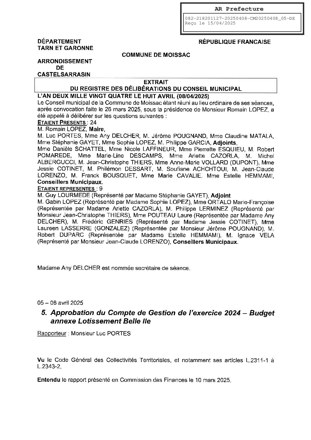 05 APPROBATION DU COMPTE DE GESTION DE L EXERCICE 2024 BUDGET LOTISSEMENTS