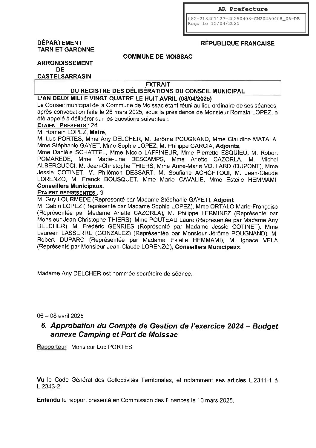 06 APPROBATION DU COMPTE DE GESTION DE L EXERCICE 2024 BUDGET ANNEXE CAMPING ET PORT DE MOISSAC