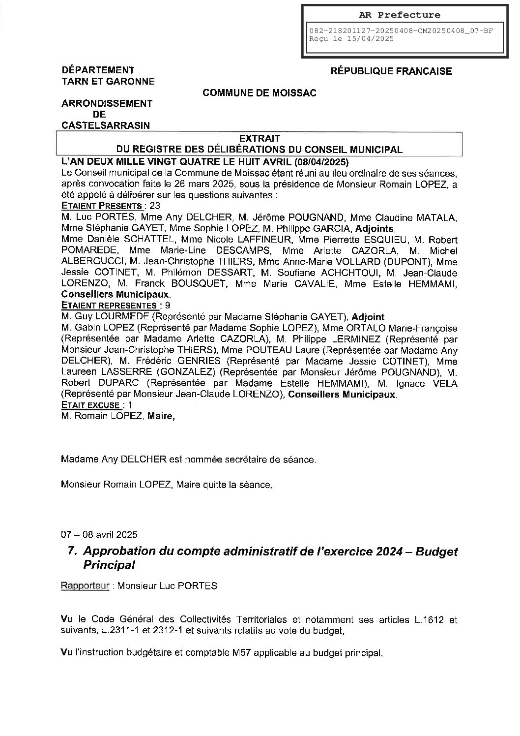 07 APPROBATION DU COMPTE ADMINISTRATIF 2024 BUDGET PRINCIPAL