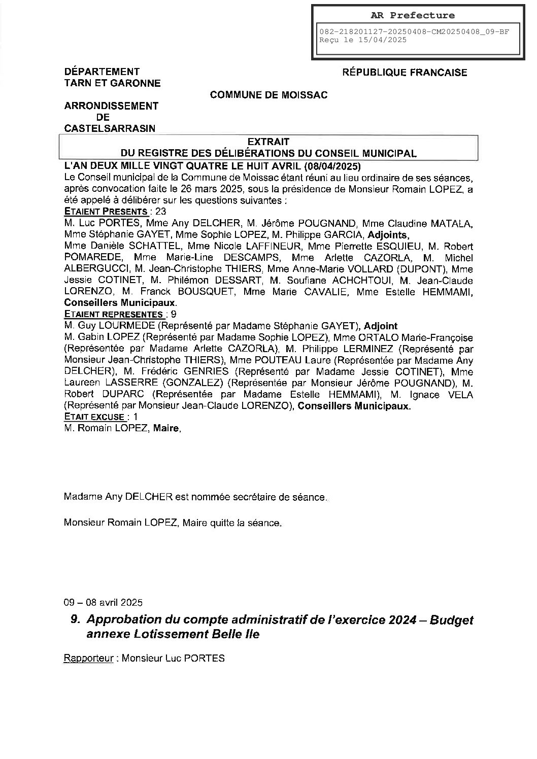 09 APPROBATION DU COMPTE ADMINISTRATIF 2024 BUDGET ANNEXE LOTISSEMENT BELLE ILE