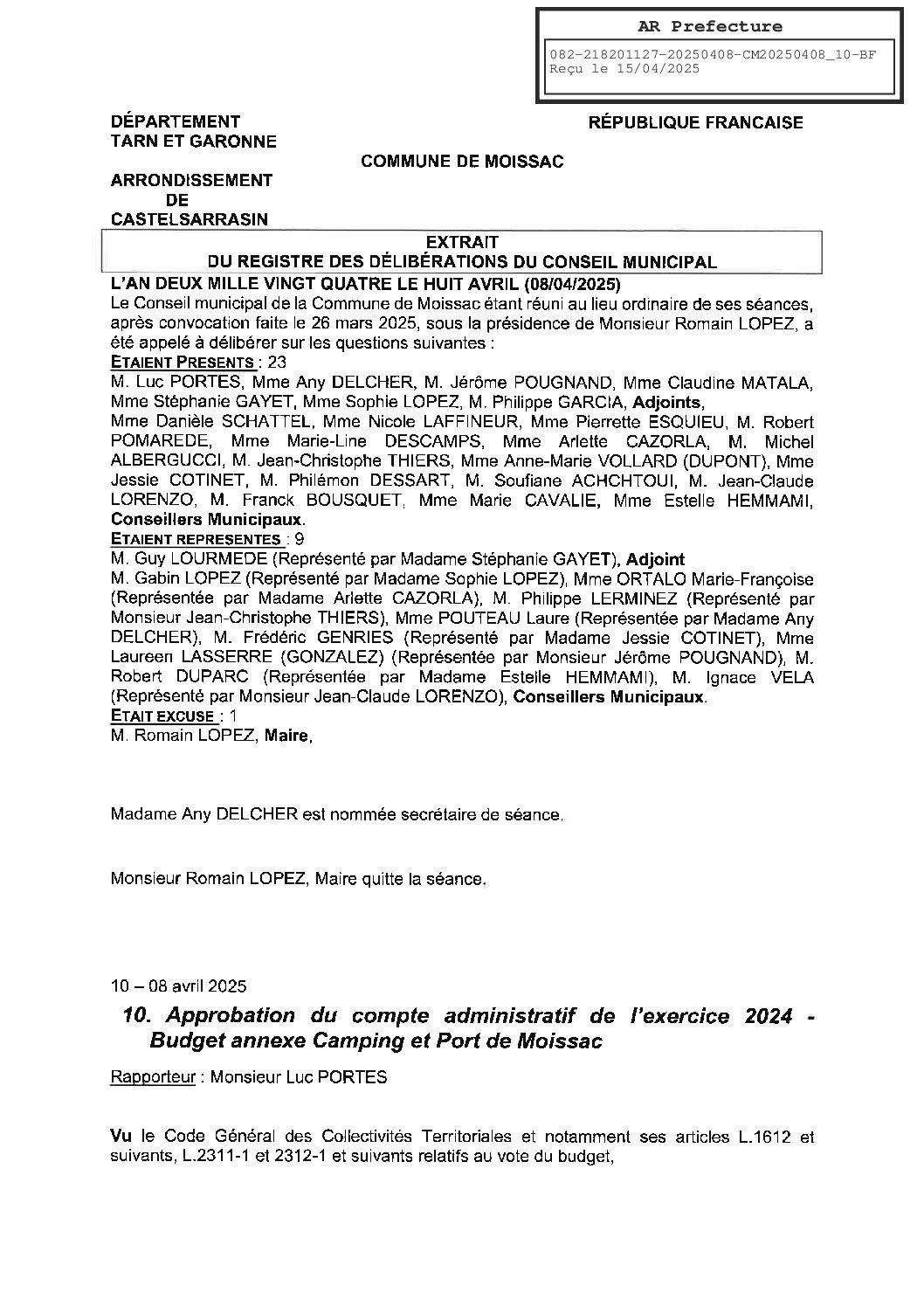 10 APPROBATION DU COMPTE ADMINISTRATIF 2024 CAMPING ET PORT DE MOISSAC