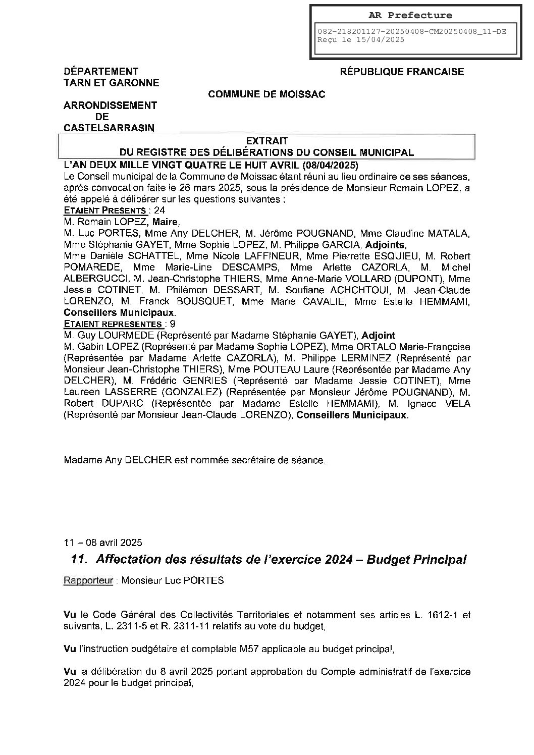 11 AFFECTATION DES RESULTATS DE L EXERCICE 2024 BUDGET PRINCIPAL