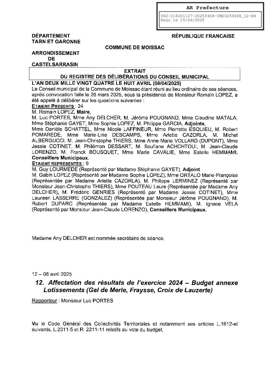 12 AFFECTATION DES RESULTATS DE L EXERCICE 2024 BUDGET LOTISSEMENTS