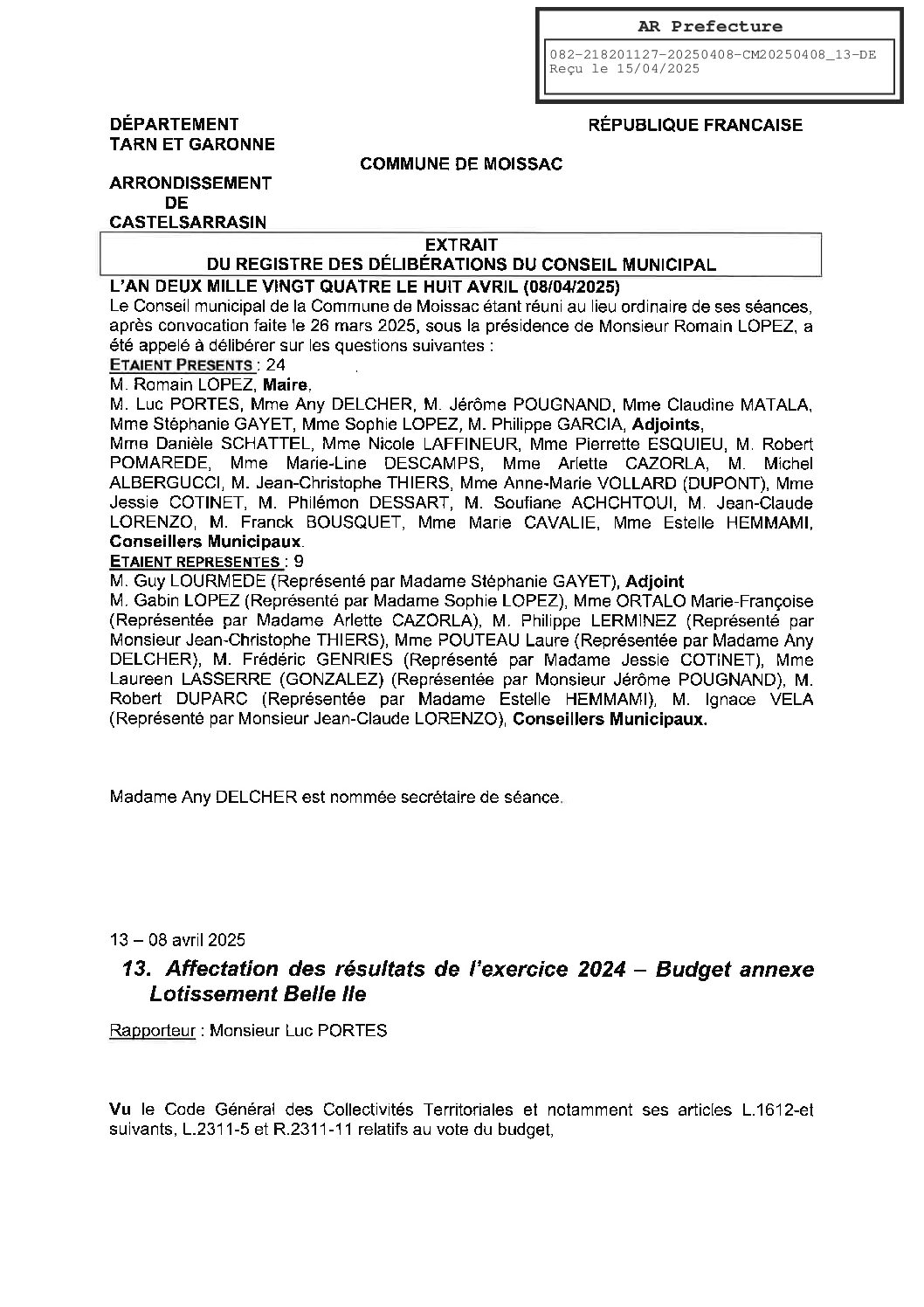 13 AFFECTATION DES RESULTATS DE L EXERCICE 2024 BUDGET LOTISSEMENT BELLE ILE