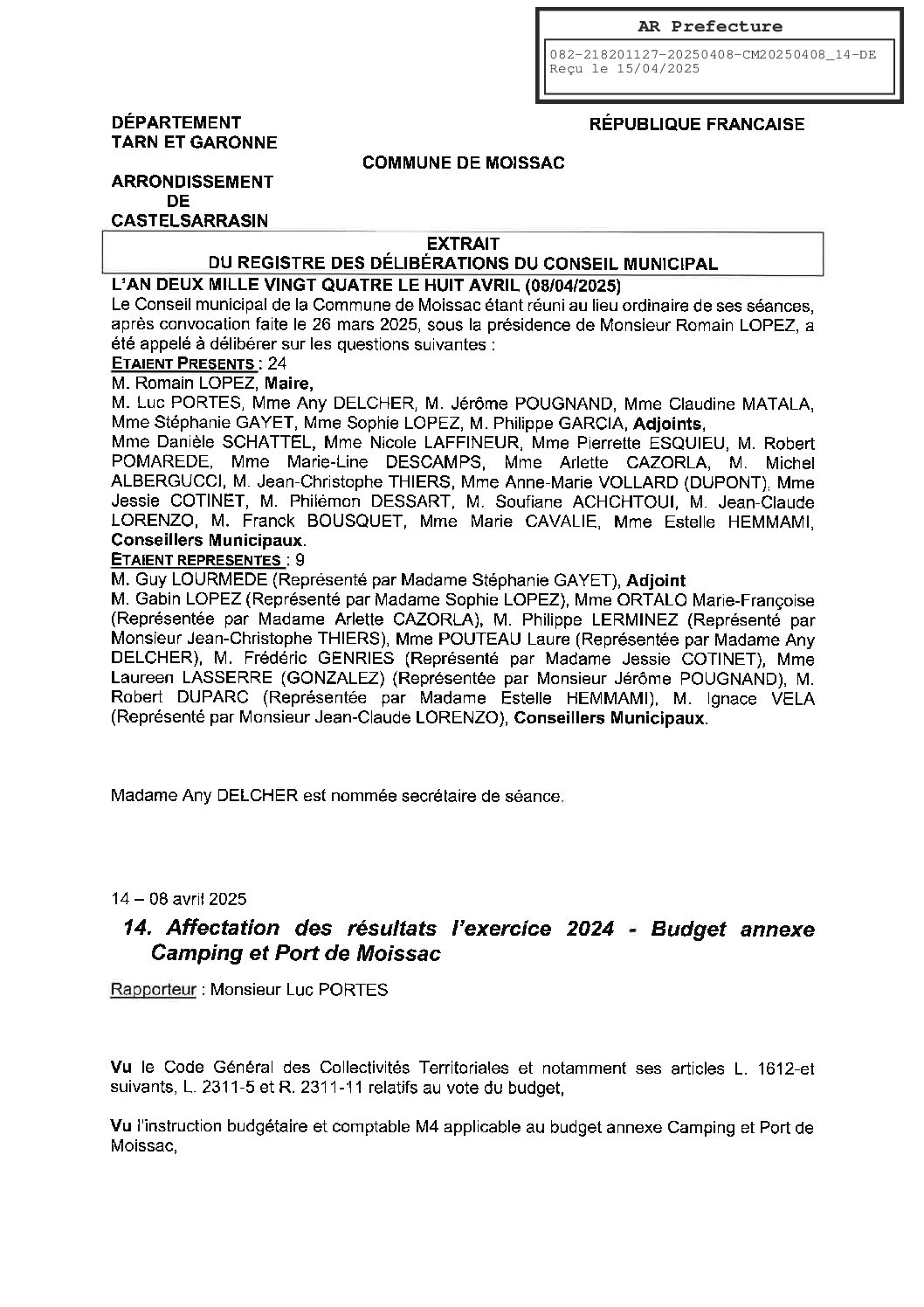 14 AFFECTATION DES RESULTATS DE L EXERCICE 2024 BUDGET CAMPING ET PORT DE MOISSAC