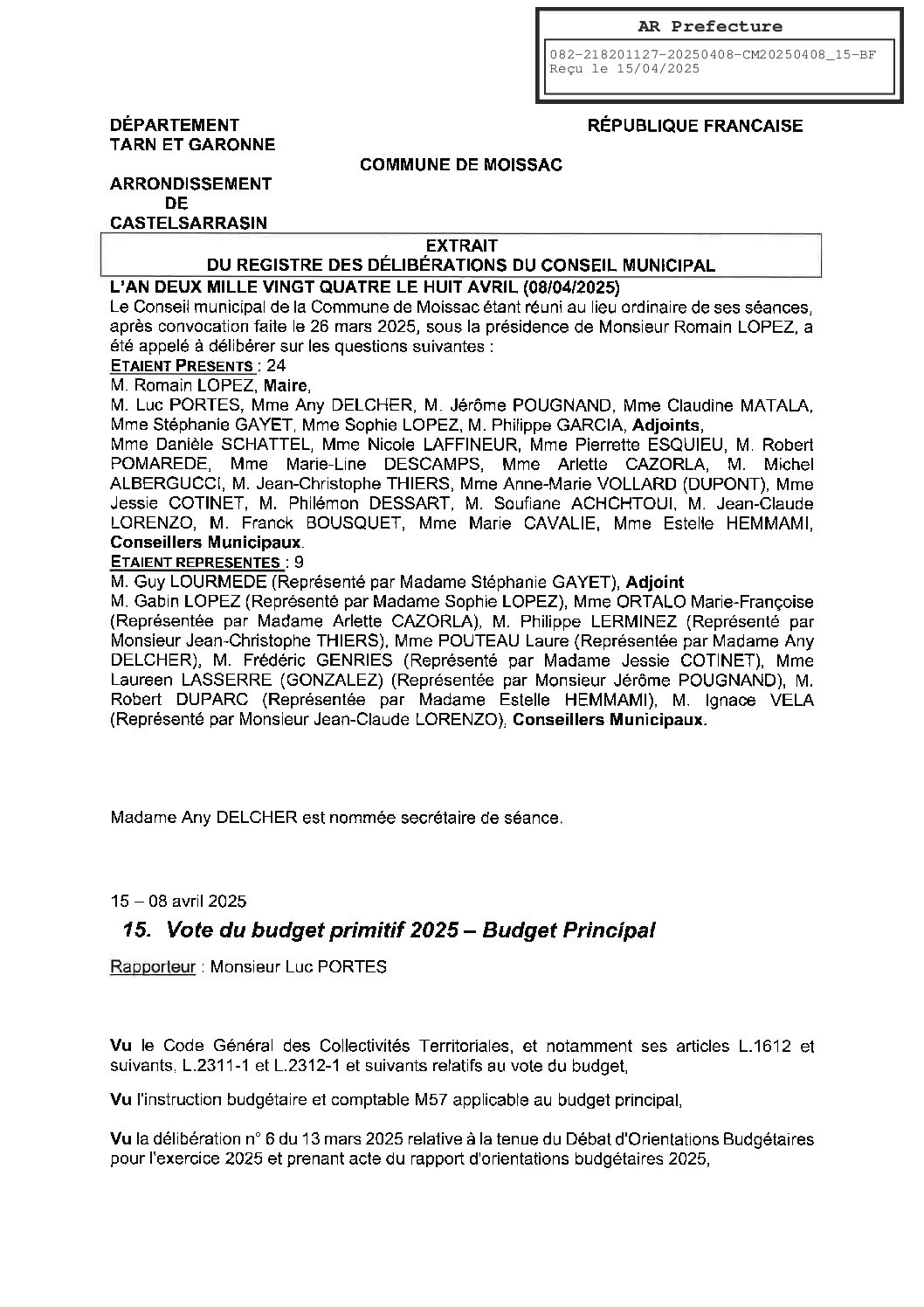 15 DELIBERATION SUR LE VOTE DU BUDGET PRIMITIF 2025 BUDGET PRINCIPAL