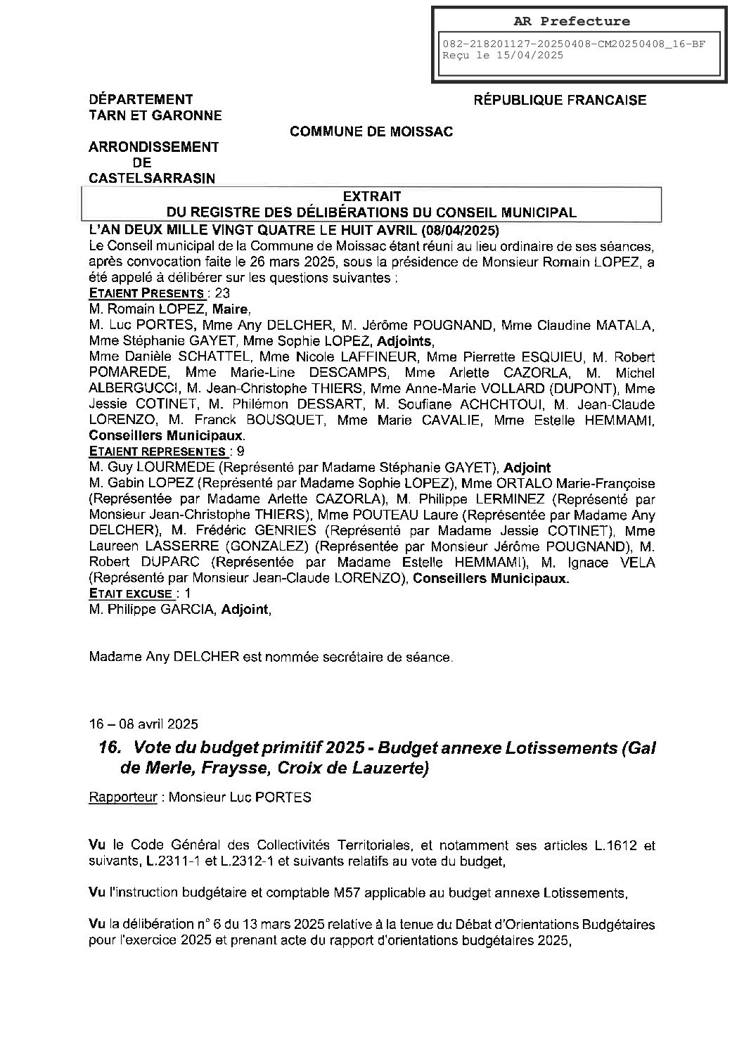 16 DELIBERATION SUR LE VOTE DU BUDGET PRIMITIF 2025 BUDGET ANNEXE LOTISSEMENTS