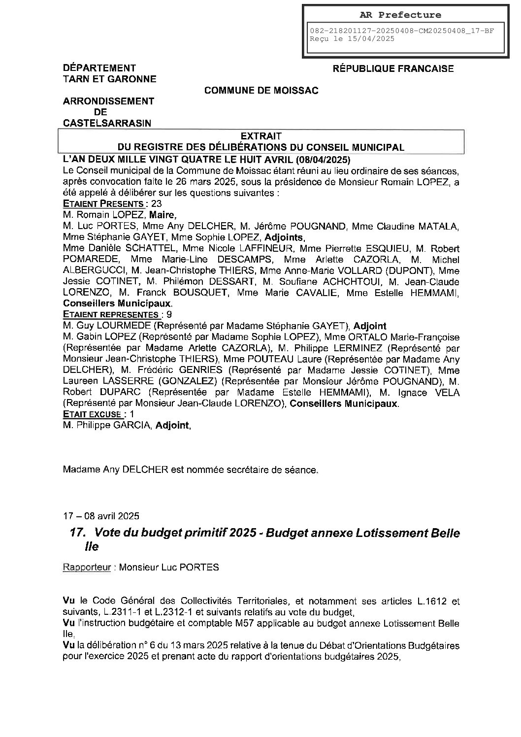 17 DELIBERATION DUR LE VOTE DU BUDGET PRIMITIF BUDGET ANNEXE LOTISSEMENT BELLE ILE