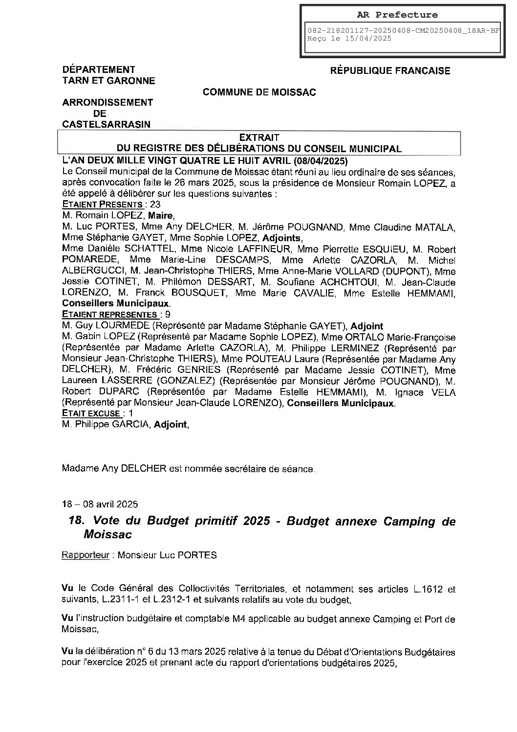 18 DELIBERATION DU COTE DU BUDGET PRIMITIF 2025 BUDGET CAMPING
