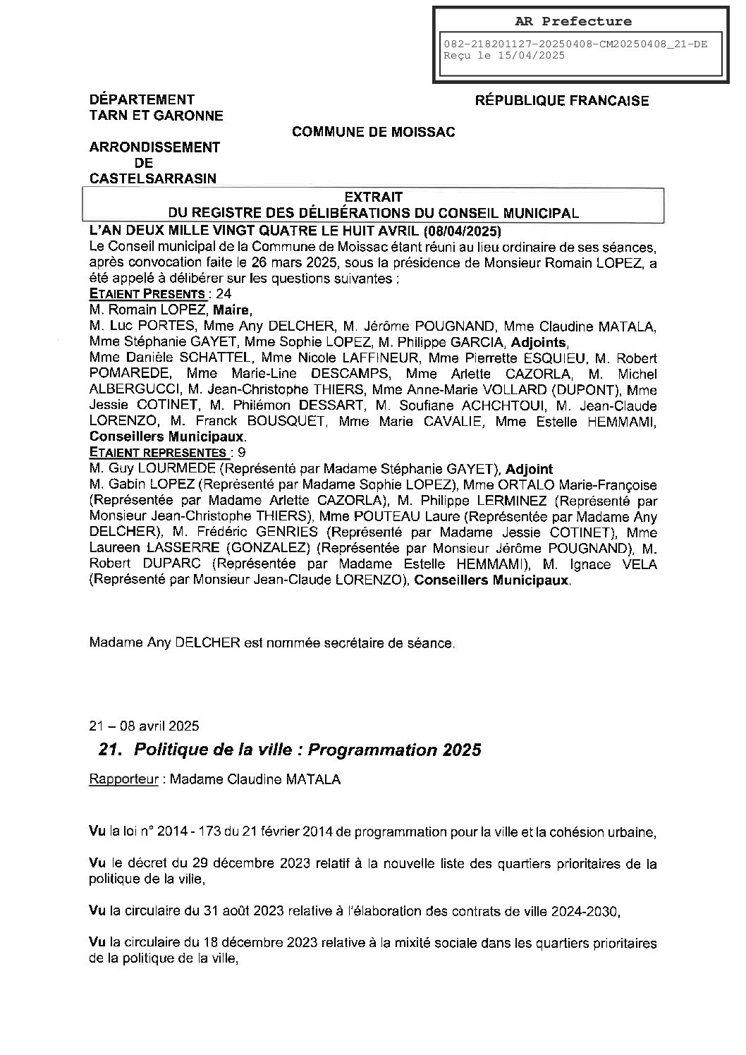 21 DELIBERATION SUR LA POLITIQUE D ELA VILLE PROGRAMMATION 2025