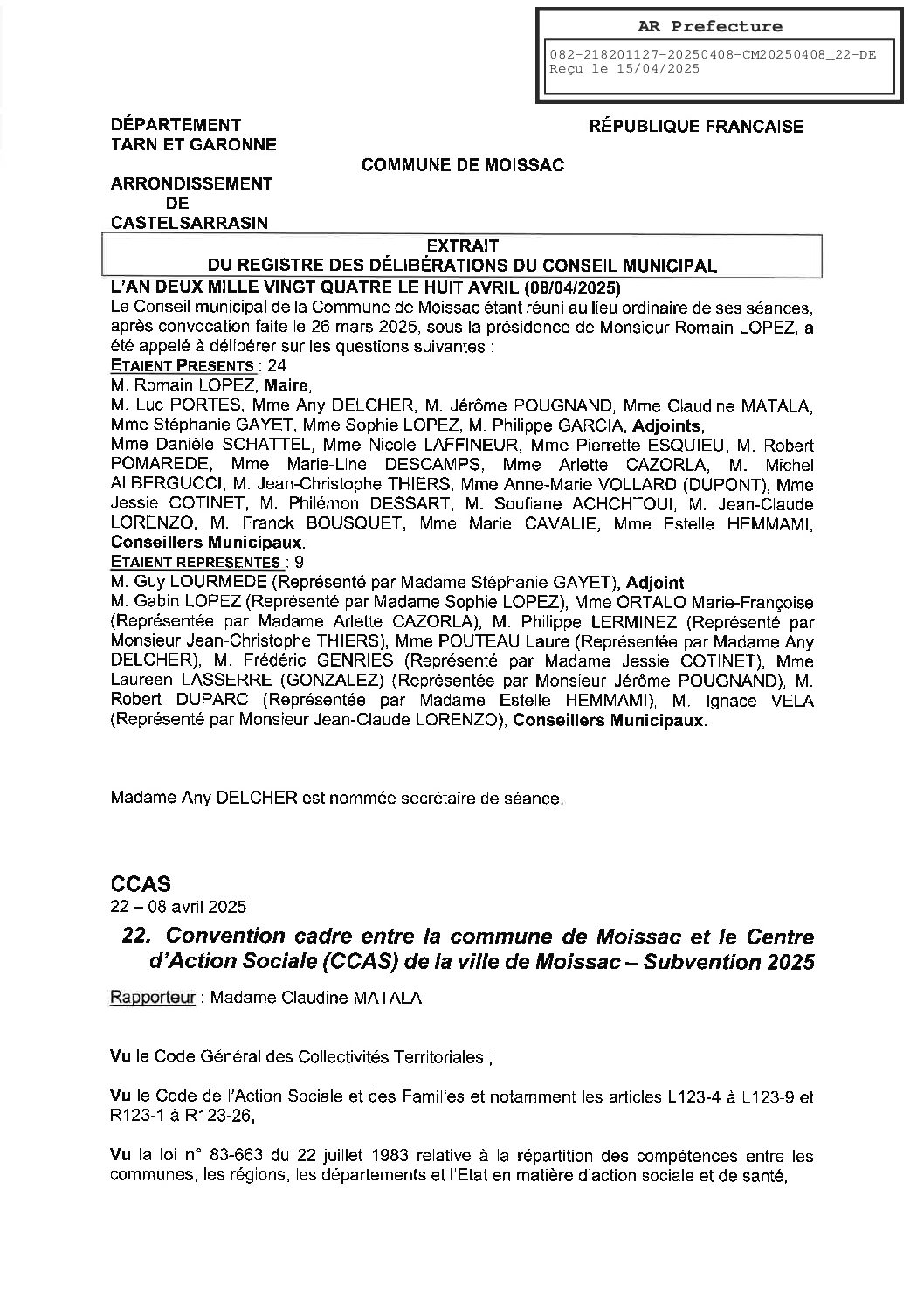 22 CONVENTION CADRE ENTRE LA COMMUNE DE MOISSAC ET LE CCAS SUBVENTION 2025