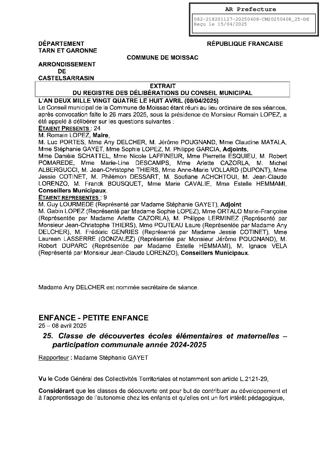 25 CLASSE DE DECOUVERTES PARTICIPATION COMMUNALE