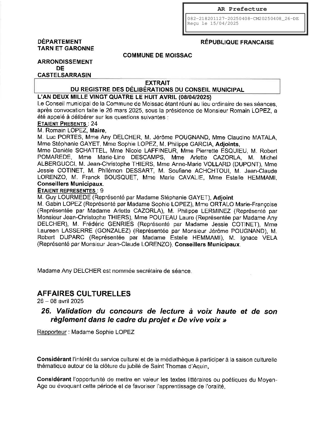 26 DELIBERATION SUR LA VALIDATION DE LECTURE A VOIX HAUTE ET DE SON REGLEMENT