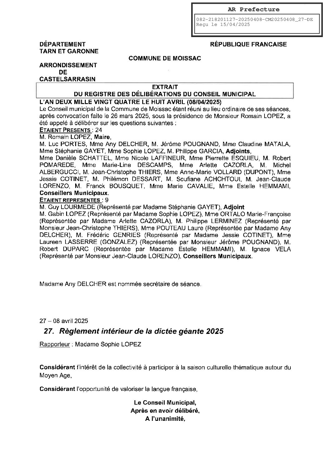 27 DELIBERATION SUR LE REGLEMENT INTERIEUR DE LA DICTEE GEANTE