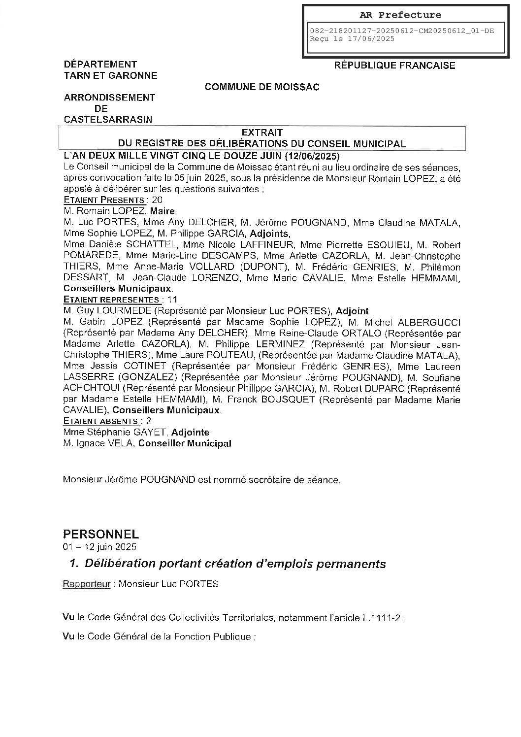 01 DELIBERATION PORTANT CREATION D’EMPLOIS PERMANENTS