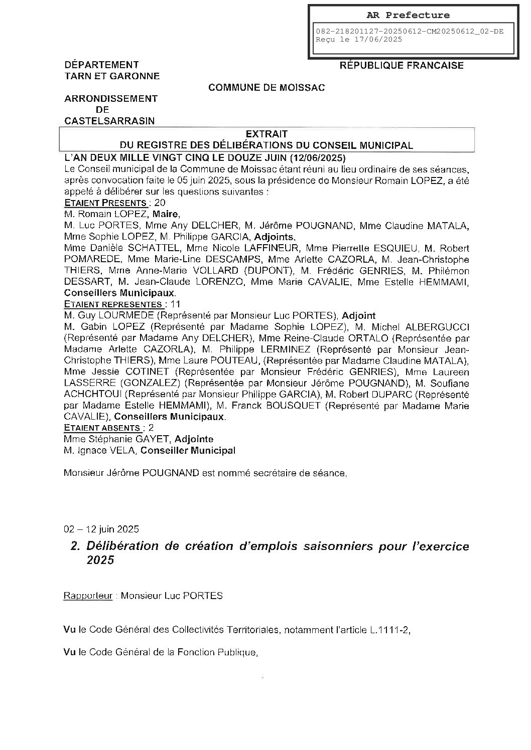 02 DELIBERATION DE CREATION D’EMPLOIS SAISONNIERS POUR L’EXERCICE 2025