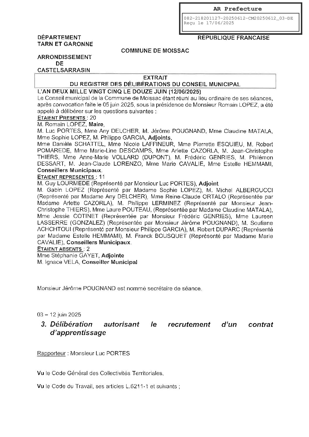 03 DELIBERATION AUTORISANT LE RECRUTEMENT D’UN CONTRAT D’APPRENTISSAGE