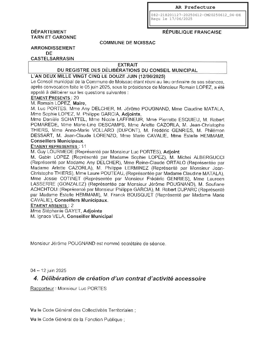 04 DELIBERATION DE CREATION D’UN CONTRAT D’ACTIVITE ACCESSOIRE