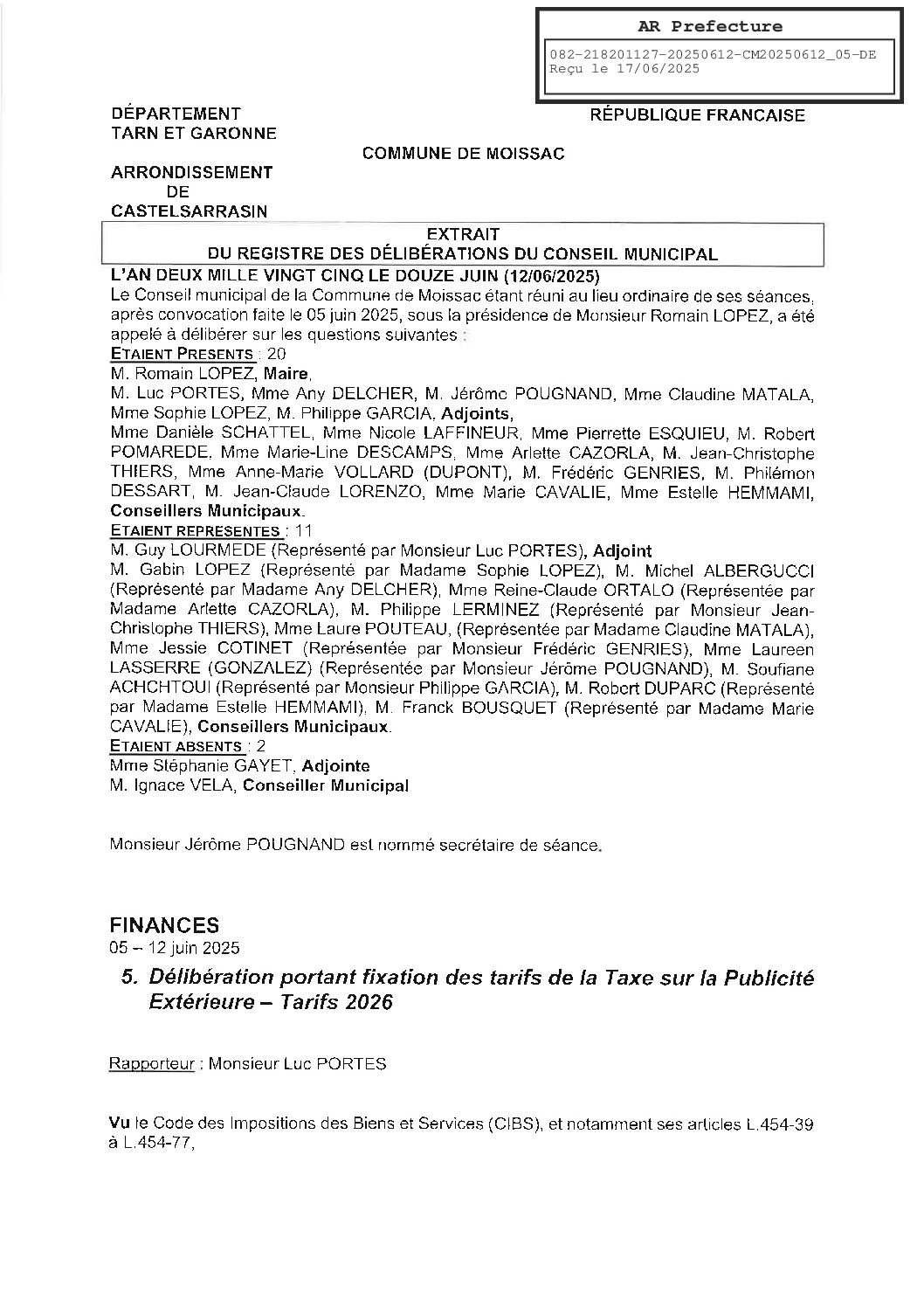 05 DELIBERATION PORTANT FIXATION DES TARIFS DE LA TAXE SUR LA PUBLICITE EXTERIEURE TARIFS 2026
