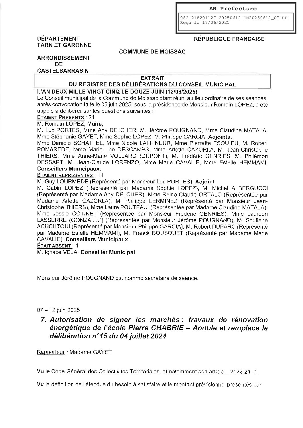 07 AUTORISATION DE SIGNER LES MARCHES TRAVAUX DE RENOVATION ENERGETIQUE ECOLE PIERRE CHABRIE