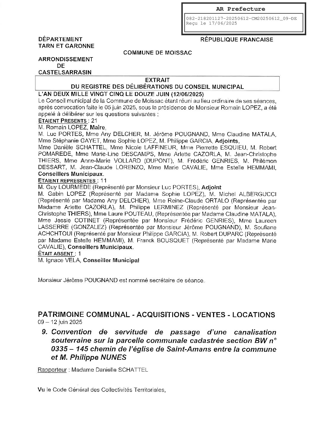 09 CONVENTION DE SERVITUDE DE PASSAGE D’UNE CANALISATION SOUTERRAINE SUR LA PARCELLE COMMUNALE BW 0335