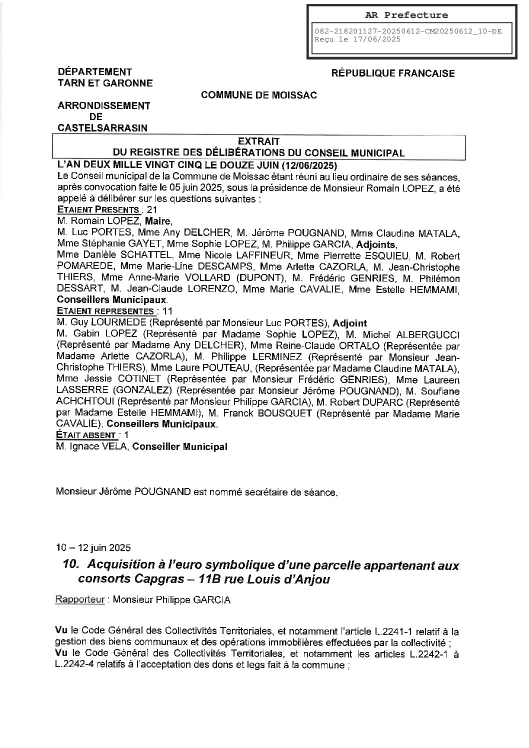 10 ACQUISITION A L’EURO SYMBOLIQUE D’UNE PARCELLE APPARTENANT AUX CONSORTS CAPGRAS